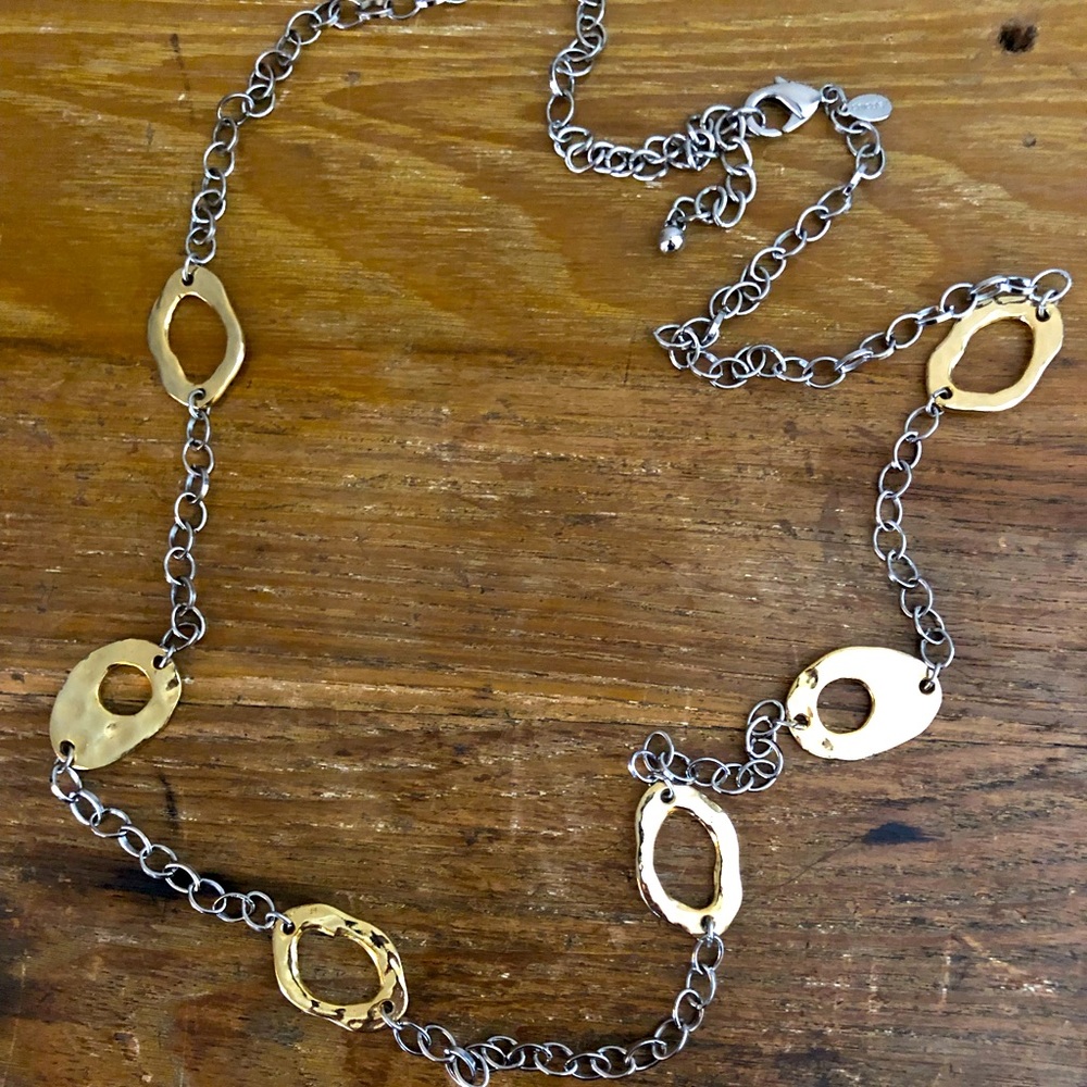 Chico’s Silver and Gold Hammered Circle Drop Necklace